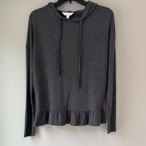 LC Lauren Conrad Dark Gray Ruffled Hem Hooded Thermal/Waffle knit Top
